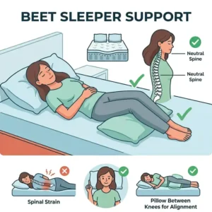 A helpful graphic showing a back sleeper with a pillow under their knees for better spine pressure relief to prevent why does my back hurt after sleeping.