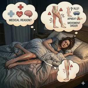 A medical diagram highlighting leg discomfort and Restless Leg Syndrome to explain why do i toss and turn all night.