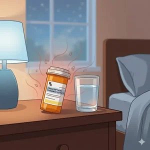 Prescription medication bottles illustrating a common side effect of why do i sweat while sleeping at night.