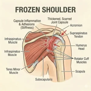 Diagram showing shoulder impingement where tendons are pinched during side-lying positions.