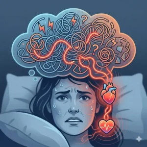 A conceptual drawing of stress and anxiety causing a person to ask why do i sweat while sleeping at night.