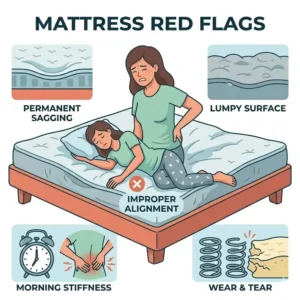 A visual checklist highlighting signs that an old or unsupportive mattress is a primary reason why does my back hurt after sleeping.