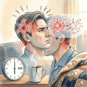 Illustration 5: Graphic of a coffee cup and a clock showing caffeine withdrawal symptoms and why do i get headaches after sleeping.