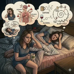 Icons of caffeine and alcohol next to a restless sleeper to show how diet contributes to why do i toss and turn all night.