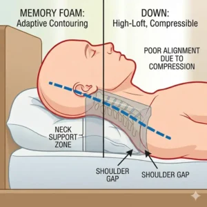 Memory foam vs down material comparison of why does my pillow cause neck pain.