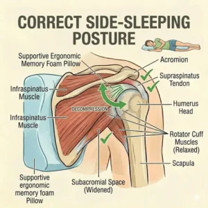 Illustration showing a person using a body pillow to align the spine and take pressure off the shoulder while sleeping.