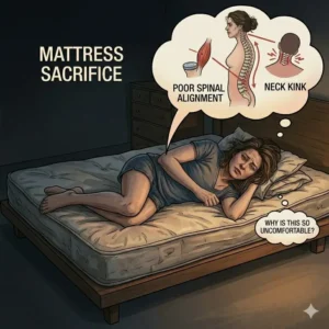 A side-view illustration of poor spinal alignment on an old mattress, causing the user to ask why do i toss and turn all night.