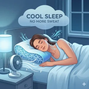 A person using a cooling pillow and fan to solve the issue of why do i sweat while sleeping at night.