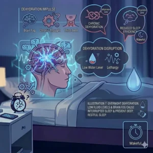 Infographic about overnight dehydration and morning fatigue showing why do i wake up tired even after 8 hours.