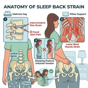 A medical illustration of the lower back muscles and vertebrae showing areas prone to strain during sleep, illustrating why does my back hurt after sleeping.