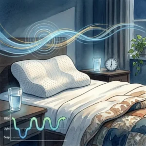 Illustration 7: A peaceful bedroom setup with an orthopedic pillow to help fix why do i get headaches after sleeping.