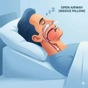 A wedge pillow setup for head elevation to reduce the symptoms of why do i snore more when sleeping on back.