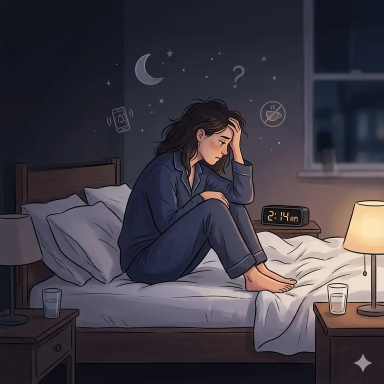 A tired person sitting on the edge of a bed, visually asking why do i wake up multiple times at night.