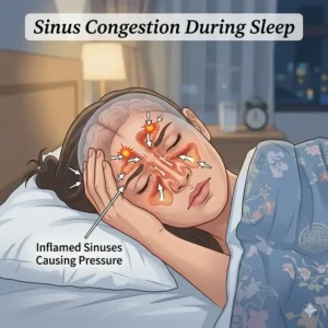 A diagram highlighting inflamed sinus cavities within a transparent head to illustrate why do I feel pressure in my head when sleeping.