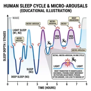 A diagram of human sleep cycles and micro-arousals explaining why do i wake up multiple times at night.