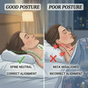 A side view comparison of proper versus poor spinal alignment while sleeping to explain why do I feel pressure in my head when sleeping.
