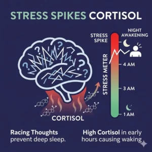 Conceptual illustration of how stress and high cortisol levels are why do i wake up multiple times at night.