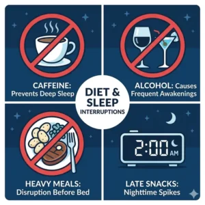 Educational graphic about how caffeine and alcohol explain why do i wake up multiple times at night.