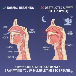 Medical illustration of an obstructed airway showing why do i wake up multiple times at night.