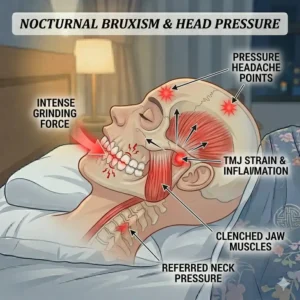 A close-up illustration of the jaw and teeth highlighting the impact of bruxism to understand why do I feel pressure in my head when sleeping.