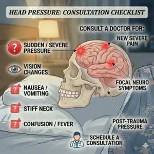 A medical checklist of red-flag symptoms with an illustration of a doctor to consult about why do I feel pressure in my head when sleeping.